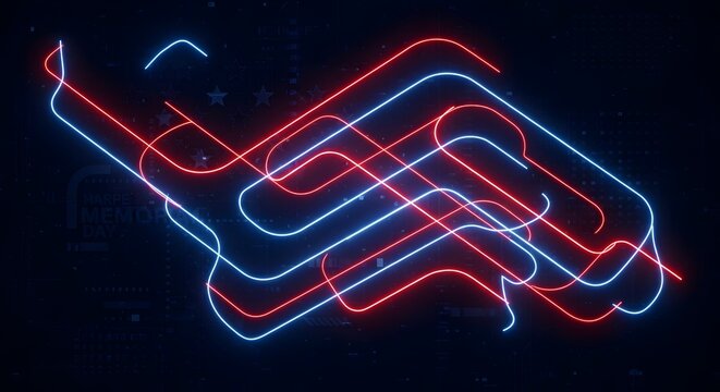 Abstract background featuring glowing red and blue neon light trails creating a dynamic geometric pattern on black