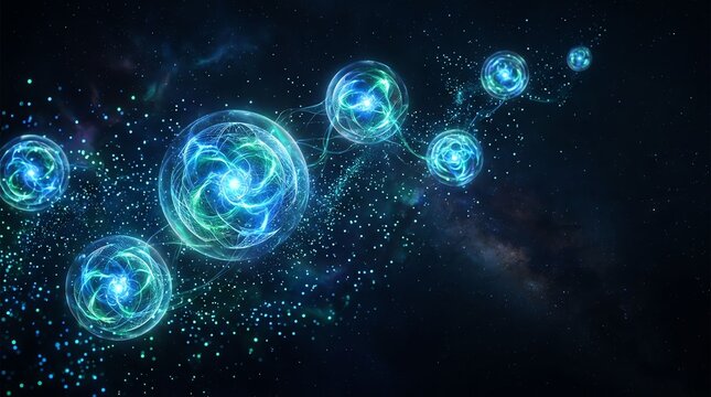 Abstract background featuring glowing blue energy orbs and swirling particles floating in deep dark space