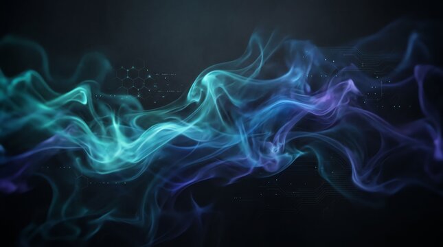 Abstract background featuring flowing blue and cyan smoke swirls on a dark black backdrop for modern design