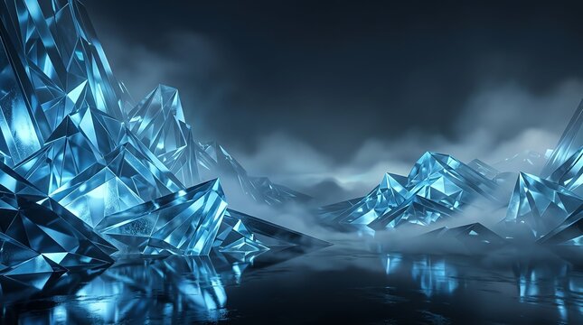 Abstract background featuring glowing blue crystal formations emerging from dark misty fog in a mysterious landscape
