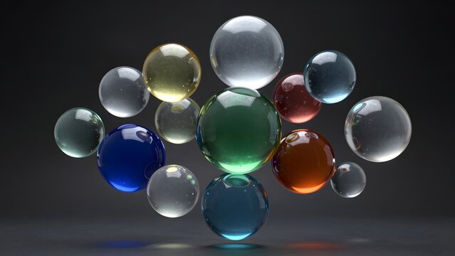 141. [STYLE] of a diverse cluster of translucent glass spheres in varying sizes representing a balanced investment portfolio floating in organized arrangement, dramatic dark studio spotlighting, multi