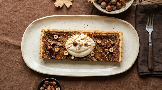 A delicious rectangular hazelnut tart topped with whipped cream served on a rustic ceramic plate from above