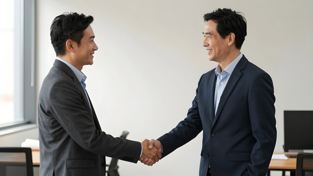 172. [STYLE] of a founder and investor shaking hands warmly after a successful negotiation showing genuine mutual respect and confident posture, soft natural office light, warm neutral and navy tones,