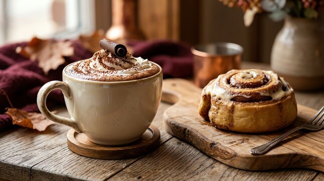 Cozy autumn morning scene with a warm cup of hot chocolate and a fresh cinnamon roll on wood