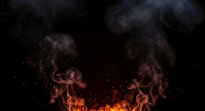 Abstract composition of bright orange flames and swirling grey smoke rising against a dark black background