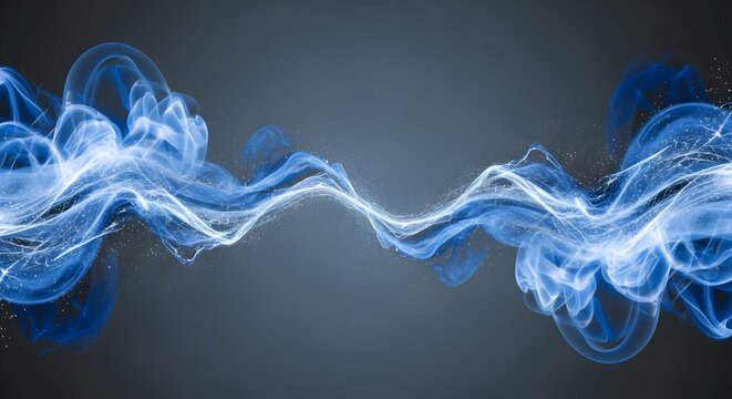 Abstract background featuring flowing blue smoke or liquid energy waves on a dark grey textured backdrop