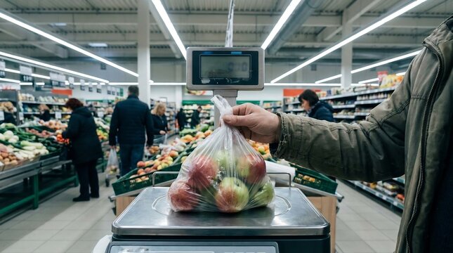 Person weighing a plastic bag of fresh red and green apples on a digital produce scale in a brightly lit supermarket vegetable section with other shoppers