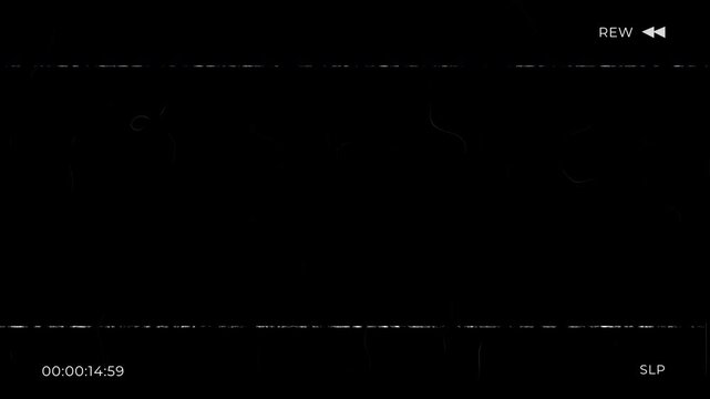 Retro VHS rewind effect with analog glitch noise and countdown timecode on a black background featuring film grain and tape defects for vintage video overlays