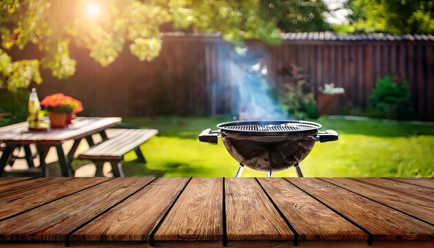 summer time in backyard garden with grill bbq wooden table blurred background