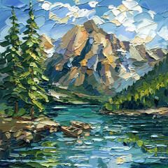 Obraz premium Mountain Lake with Rocky Peaks and Evergreen Forest in Summer Impasto Oil Painting with Turquoise Water and Palette Knife Texture