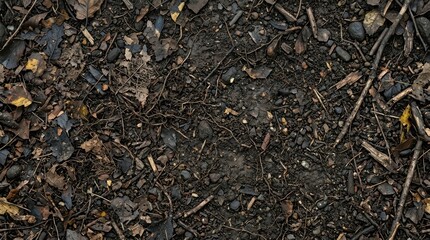 Fototapeta premium Top down view of a dark forest floor covered in dry leaves twigs and natural organic debris