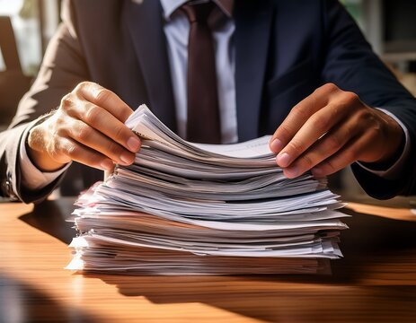 business executive hands organizing a thick stack of paperwork on a wooden office desk