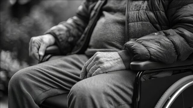 Senior person sits quietly in wheelchair. Hands rest calmly on armrests. Cozy winter jacket and trousers visible. Soft focus background hints at outdoors. Stillness conveys quiet dignity