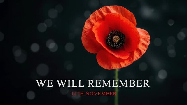 Remembrance day poppy with we will remember text