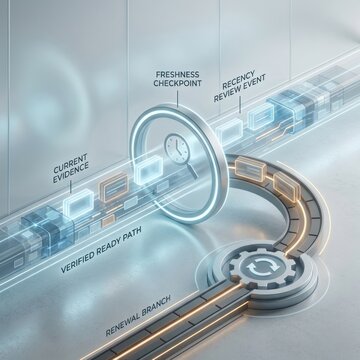 Annual audit evidence freshness review workflow with current verification checkpoint and renewal branch for business compliance control
