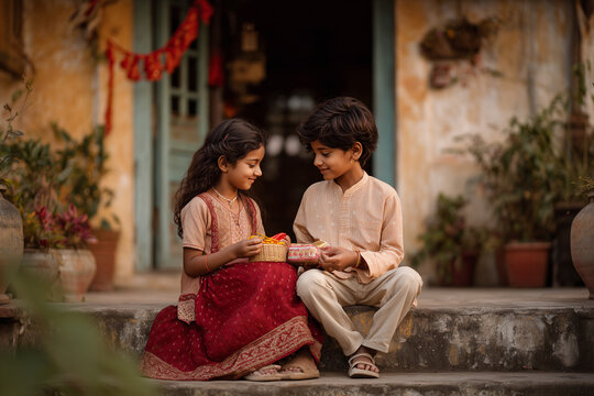Beautiful Raksha Bandhan festival celebration featuring a loving brother and sister celebrating the sacred bond of siblings, with traditional rakhi, festive decorations, gifts, sweets, and a warm fami