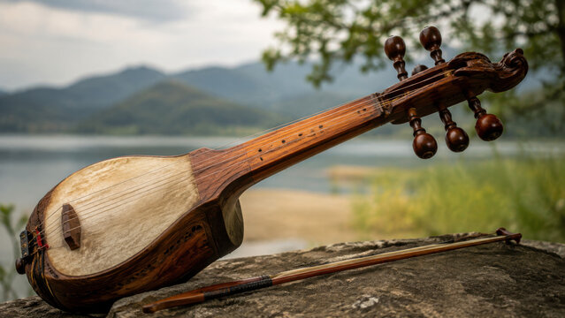 Handcrafted wooden folk lute resting on weathered table by serene lakeside view