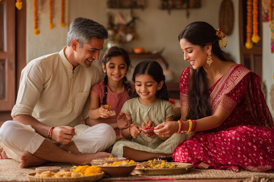Beautiful Raksha Bandhan festival celebration featuring a loving brother and sister celebrating the sacred bond of siblings, with traditional rakhi, festive decorations, gifts, sweets, and a warm fami