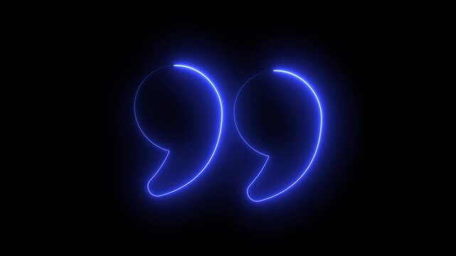 Glowing neon quotation marks animation on black background, minimalist blue light quote symbol for social media and typography projects
