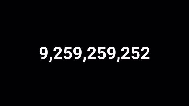 Number counter animation from zero to ten billion numbers on a transparent background  with alpha channel , Counting Numbers from 0 to 10,000,000,000 on a black background, Counting number animation