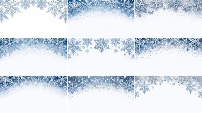 Set of decorative blue and silver snowflake winter borders
