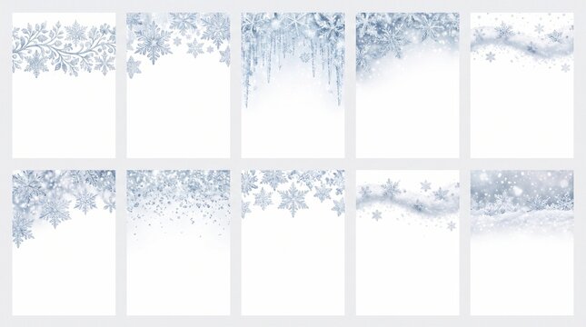Set of elegant winter backgrounds with snowflakes and frost patterns