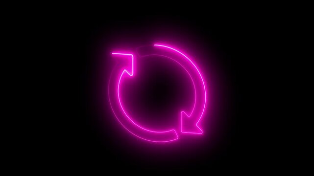 Neon pink circular refresh animation with glowing rotating arrows on black background