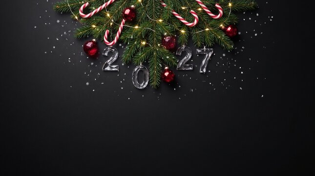 New Year 2027 Festive Border with Decorations on Black Background