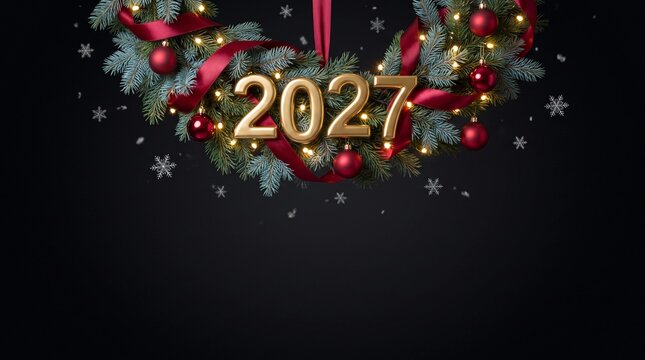 Festive New Year 2027 Celebration Wreath on Black Background