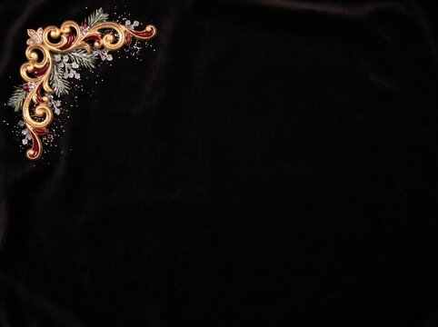 Elegant Golden Christmas Ornament on Black Velvet with Copy Space