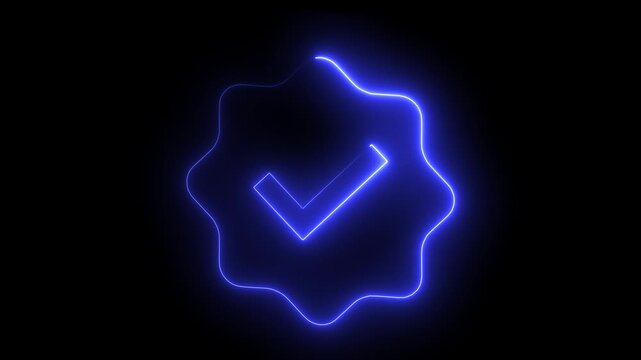 Glowing blue neon checkmark badge animation on black background, for ui ux, and verification