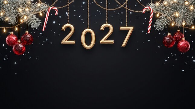 Happy New Year 2027 Background with Gold Numbers and Ornaments