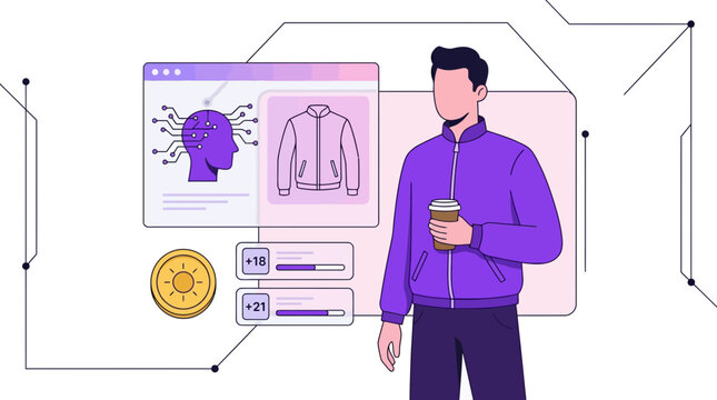 Digital designer creates custom purple jacket clothing using innovative computer software in modern flat vector illustration
