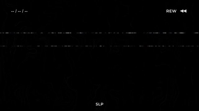 Retro VHS glitch background featuring analog noise and tracking defects on a black screen with rewind and sleep indicators and abstract topographic line patterns for lo-fi aesthetics