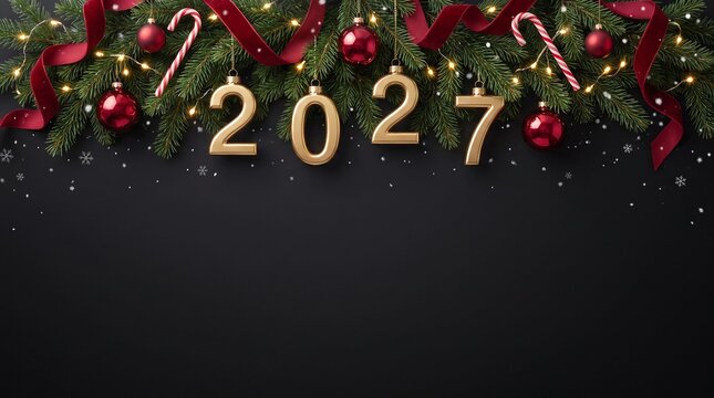 Happy New Year 2027 Festive Background with Christmas Decorations
