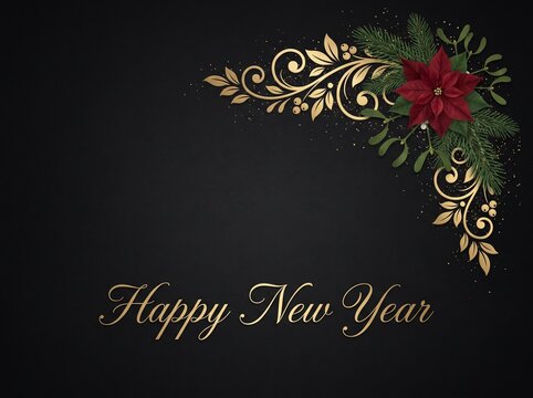 Elegant Happy New Year Background with Gold Ornaments and Poinsettia