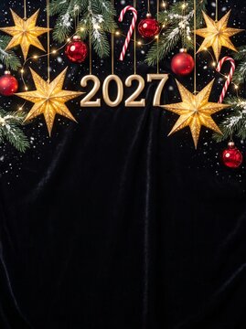 Festive New Year 2027 Decorations on Black Velvet Background