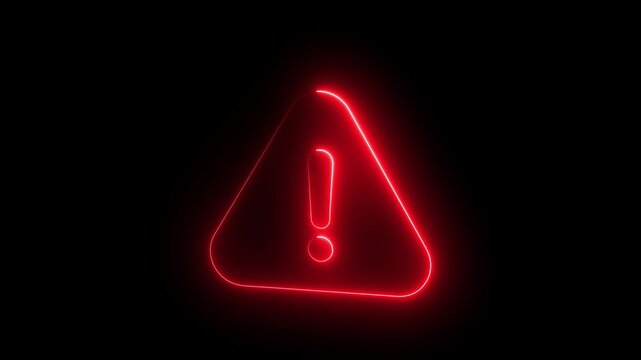 Glowing red neon warning sign with exclamation mark on black background, for alert and, safety notifications