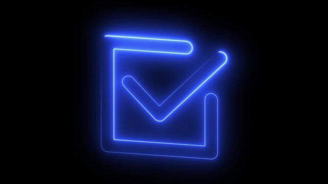 Glowing blue neon checkmark symbol animation on black background, tick