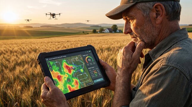 Farmer using tablet to monitor smart agriculture drones over wheat field at sunset