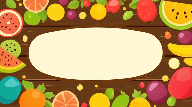 Colorful fruit border on wood; blank space for text; healthy food background; recipe, menu design