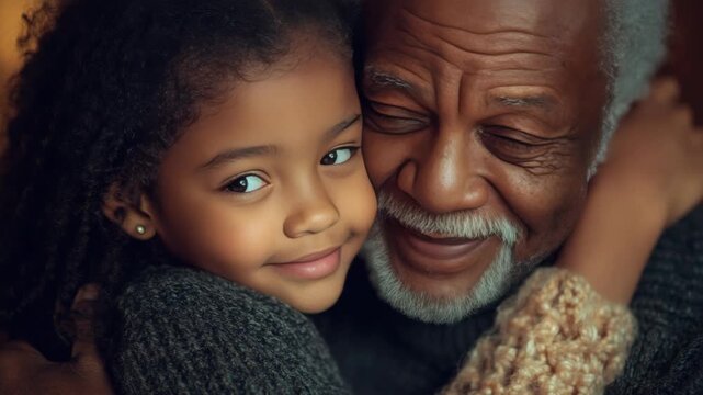 A young girl hugs an older man in a tender moment, symbolizing the bond between generations.