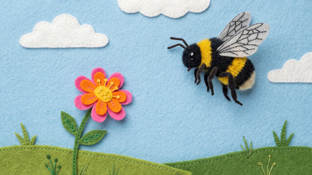 Cut felt illustration of a fuzzy bumblebee flying toward a pink and orange flower on a green hill under a blue sky with white clouds. Minimalist composition.