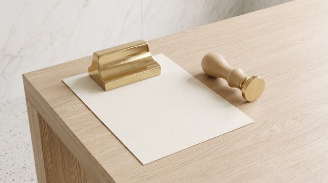 Brass paperweight and wax seal stamp on blank paper mockup on a wooden desk