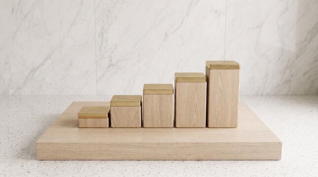 Wooden blocks arranged as a rising growth chart on a marble surface for business concept.