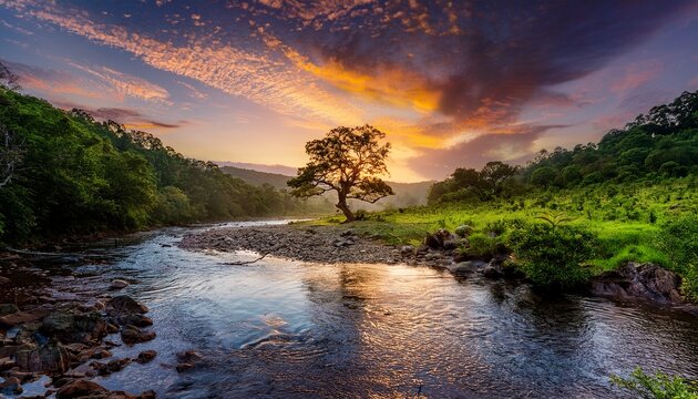 serene river flowing through a lush forest with a majestic tree at the center bathed in the golden light of a rising sun as clouds and stars paint the sky with hues of wonder