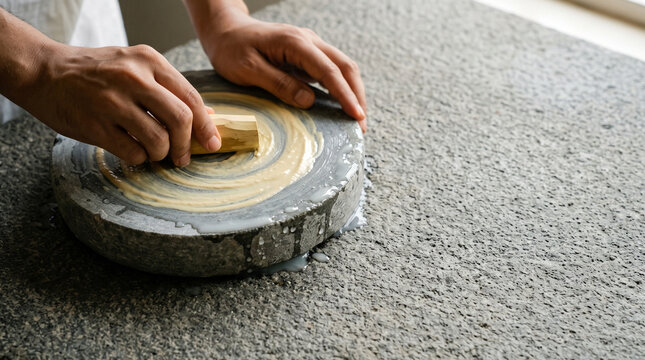 Hands grinding fresh sandalwood paste for offering