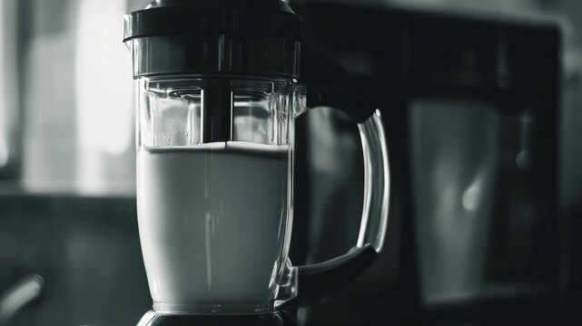 A clear blender filled with a dark liquid, possibly coffee or juice.