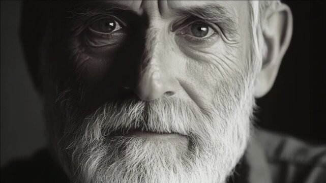 A contemplative elderly man with white beard and mustache, looking slightly away from the camera.