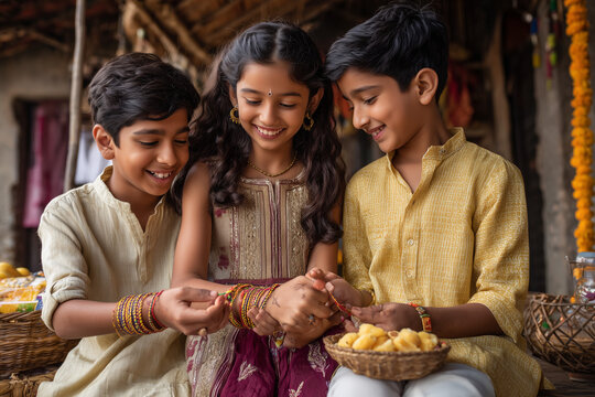 Beautiful Raksha Bandhan festival celebration featuring a loving brother and sister celebrating the sacred bond of siblings, with traditional rakhi, festive decorations, gifts, sweets, and a warm fami